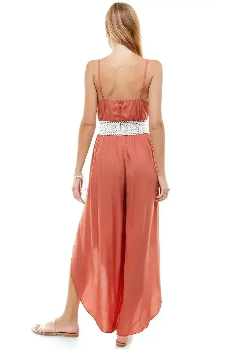 FLORAL & SOLID CROCHET TULIP LEG CAMI JUMPSUIT - Femstylo