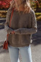 Dark Brown Cable Knit Raglan Sleeve Casual Sweater
