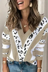 Fashion Khaki Animal Print Accent V Neck Sweater - Femstylo