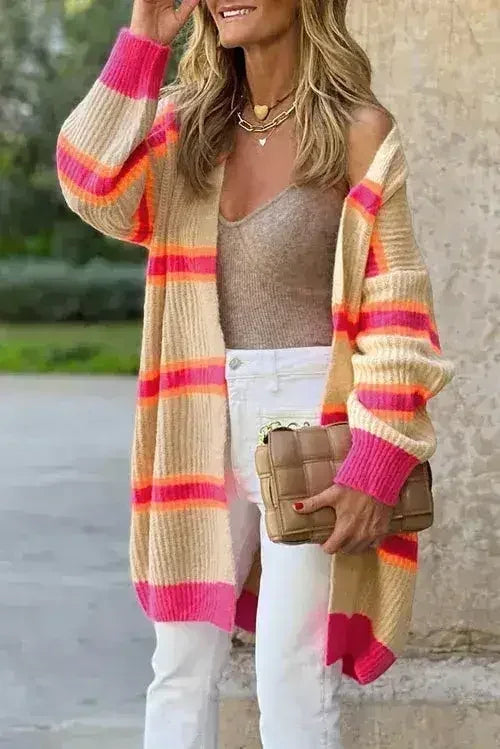 Stripe Printed Ribbed Long Knitted Cardigan - Femstylo