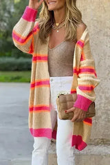 Stripe Printed Ribbed Long Knitted Cardigan - Femstylo