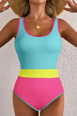 Rose Red Textured Colorblock One Piece Swimsuit - Femstylo