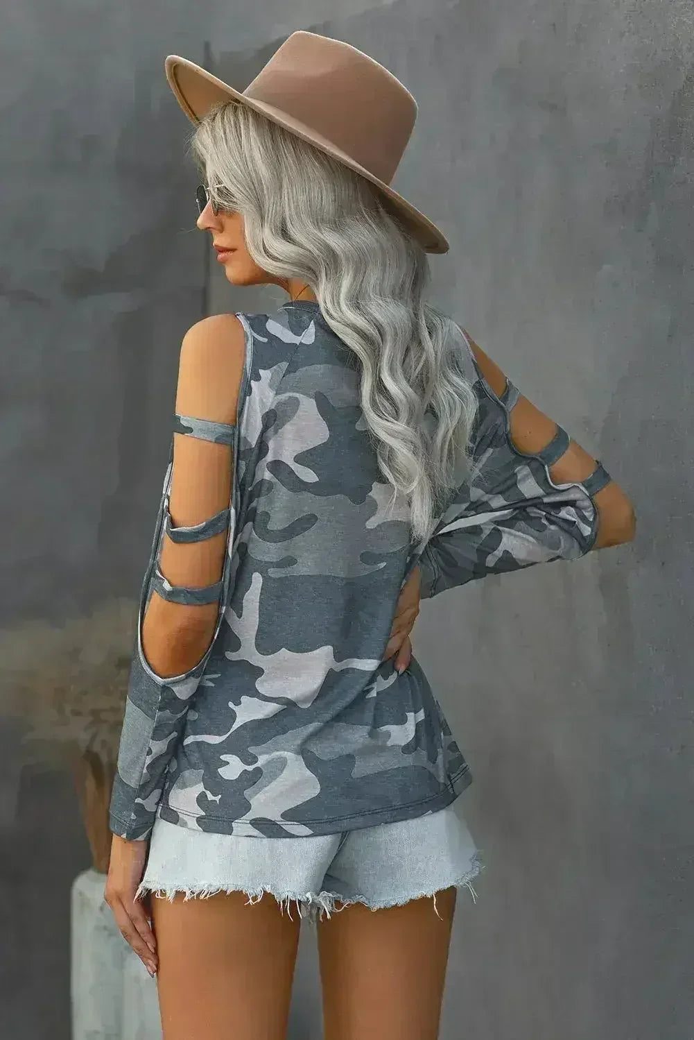 Camouflage Shoulder To Hollow Out Long Sleeve Top - Femstylo