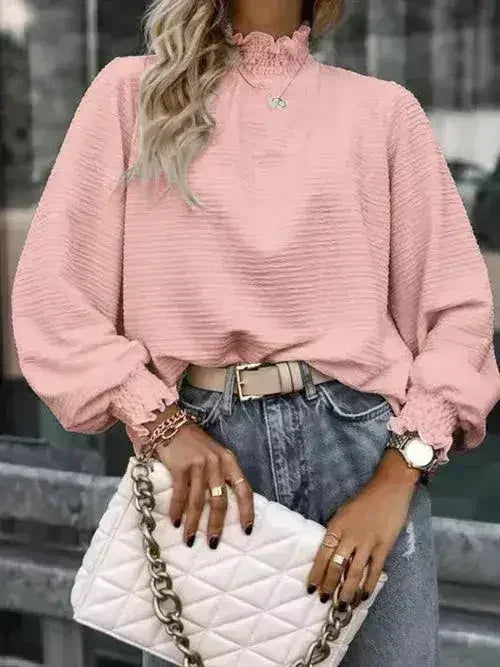 Smocked Frill Mock Neck Long Sleeve Blouse - Femstylo