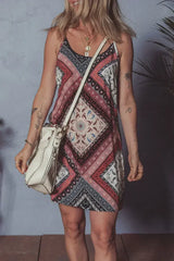 Red Geometric Paisley Print Sleeveless Mini Dress - Femstylo