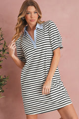 Black Stripe Collared Puff Sleeve Pocketed Mini Dress