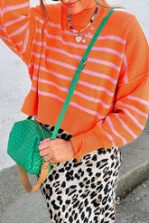 Orange Stripe Ribbed High Neck Drop Shoulder Boxy Fit Sweater