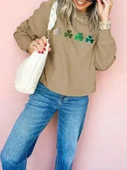 Embroidered Clover Pattern Round Neck Sweatshirt - Femstylo