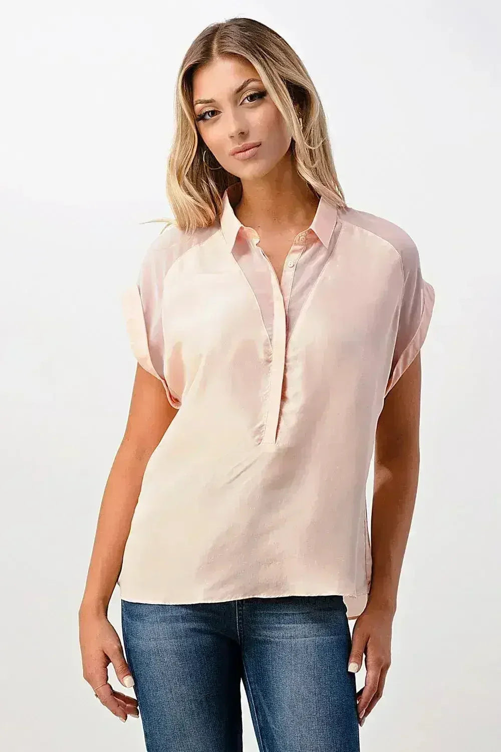 Rolled Sleeve Button-Up Satin Blouse - Femstylo