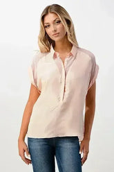 Rolled Sleeve Button-Up Satin Blouse - Femstylo