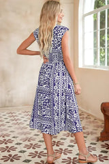 Dirty Blue Floral Print Smocked Waist Sleeveless Dress - Femstylo