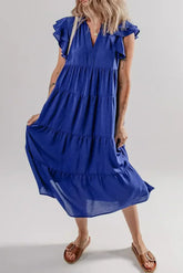 Bluing Ruffled Short Sleeve Collared V Neck Tiered Midi Dress - Femstylo