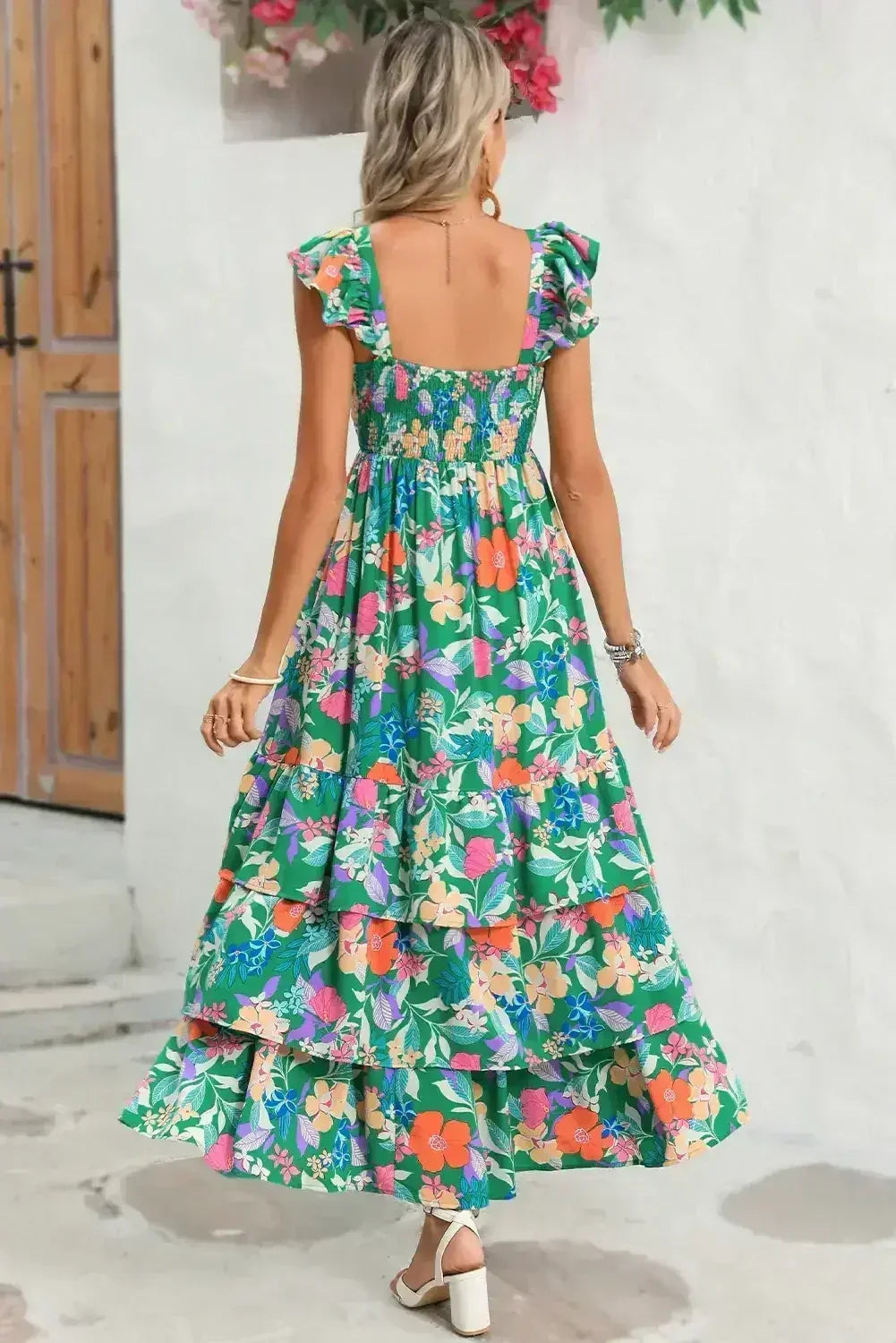 Green Boho Floral Print Ruffle Sleeveless Tiered Maxi Dress - Femstylo