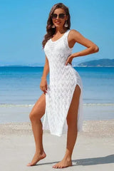 Crochet Beach Coverup Dress – High Split Maxi with U-Neck - Femstylo