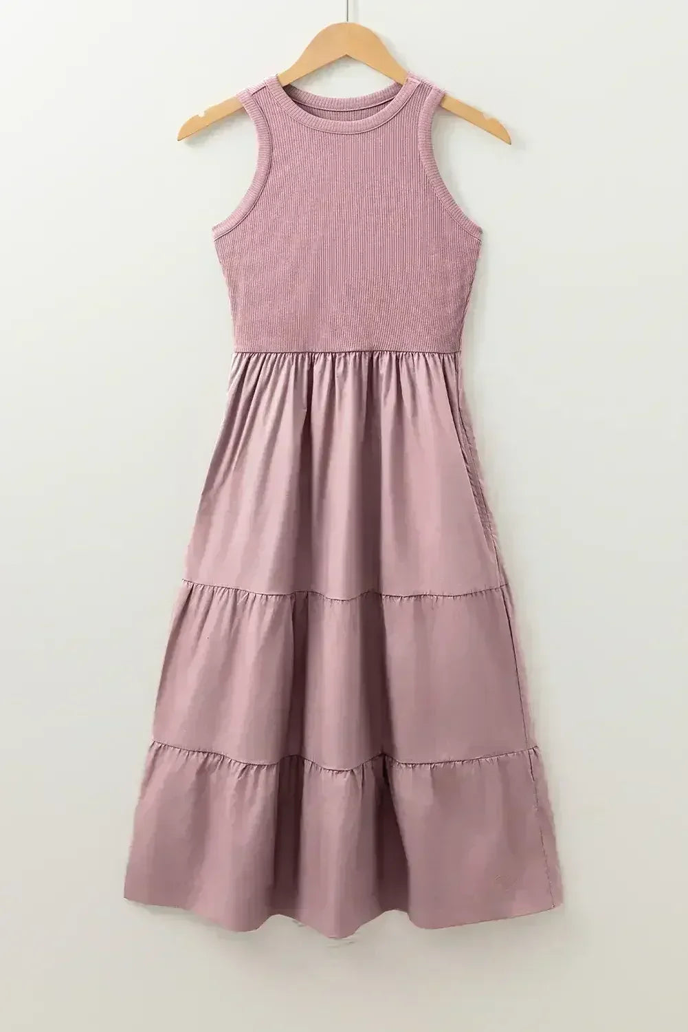Sepia Rose Ribbed Vest Patchwork Tiered Midi Dress - Femstylo