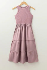 Sepia Rose Ribbed Vest Patchwork Tiered Midi Dress - Femstylo