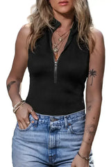 Black Zip Up Mock Neck Ribbed Sleeveless Bodysuit - Femstylo