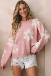 Flower Pearl Detail Sweater - Rolled Slit Design | Femstylo - Femstylo