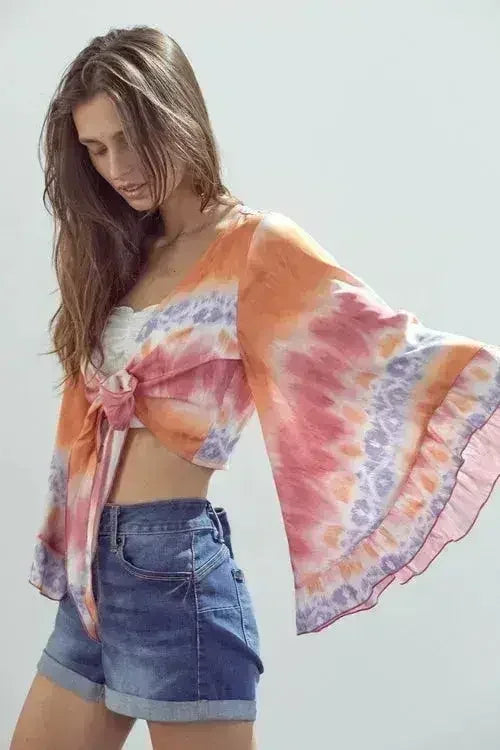 Bell-Sleeve Tie-Dye Crop Top – Flowy Sleeves & Stylish Design - Femstylo