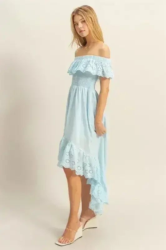 HYFVE Eyelet Off-Shoulder Dress – High-Low Ruffled Hem - Femstylo