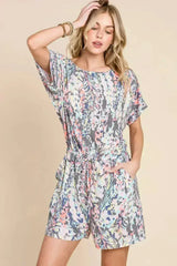 BOMBOM Printed Short Sleeve Drawstring Romper - Femstylo