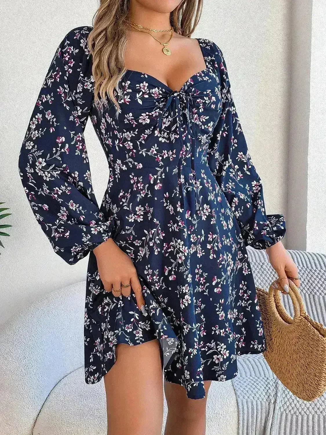 Printed Sweetheart Neck Balloon Sleeve Mini Dress - Femstylo