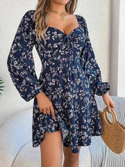 Printed Sweetheart Neck Balloon Sleeve Mini Dress - Femstylo