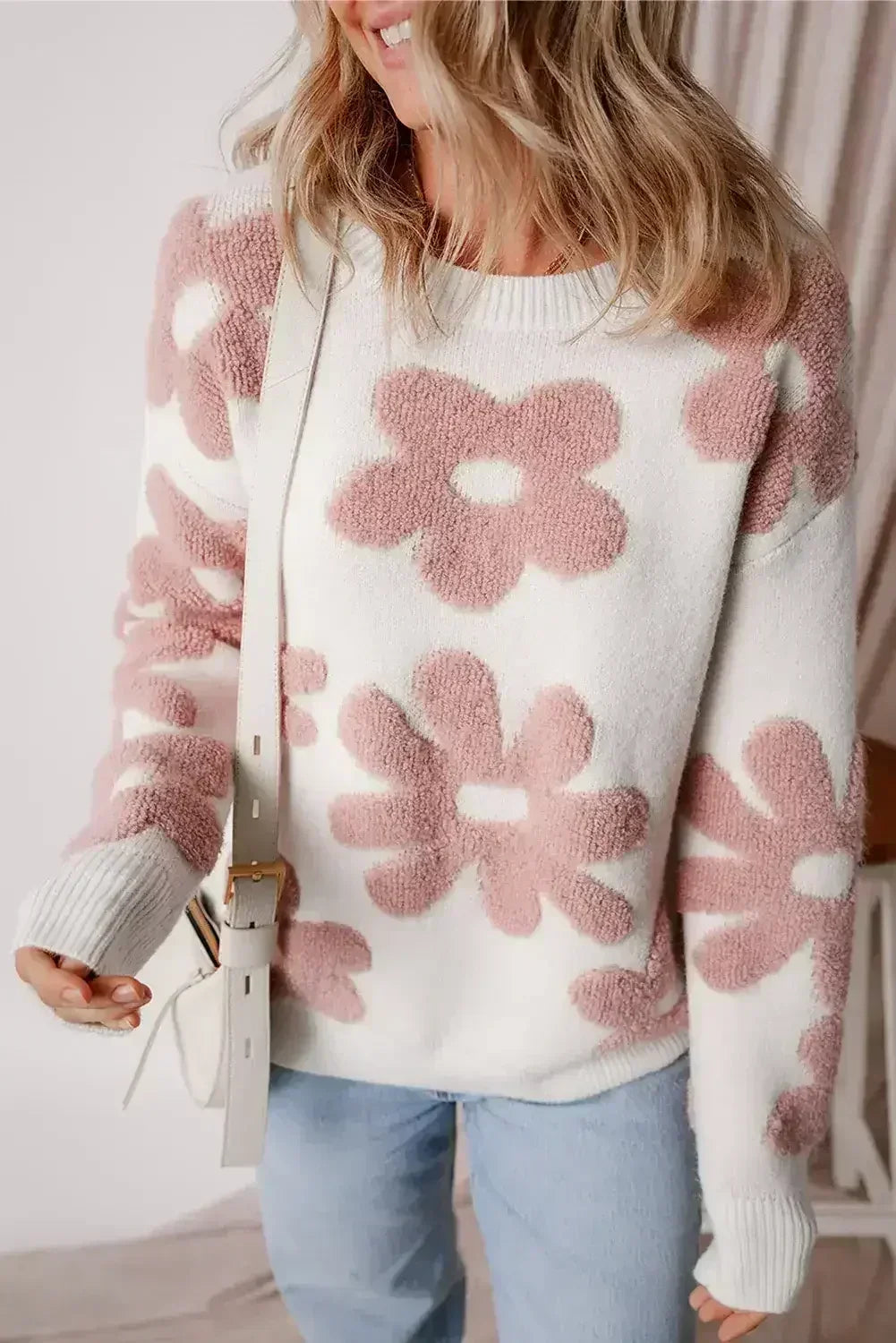 White Vintage Flower Drop Shoulder Loose Sweater - Femstylo