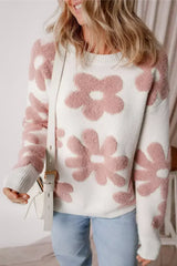 White Vintage Flower Drop Shoulder Loose Sweater - Femstylo