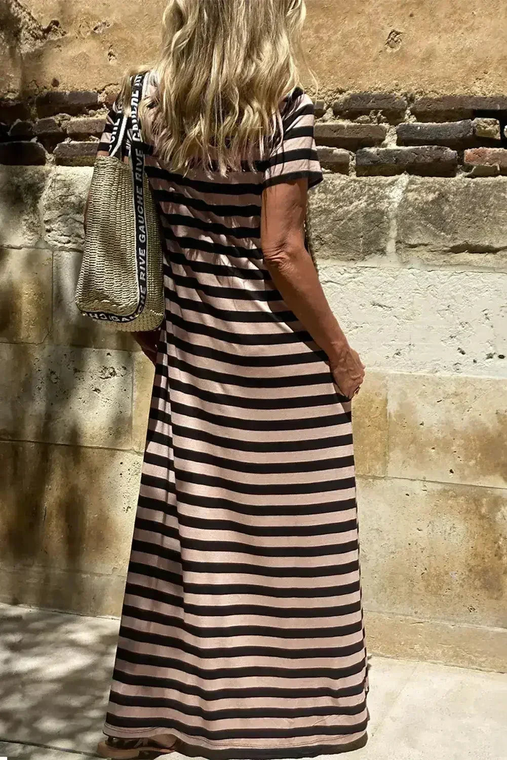Black Striped Side Pockets T-shirt Maxi Dress - Femstylo