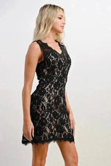 Sleeveless Lace Overlay Dress with Scalloped Edges - Femstylo