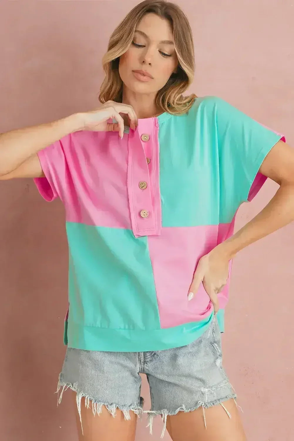 Mint Green Colorblock Half Buttons Henley T Shirt - Femstylo