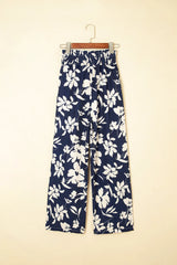 Blue Floral Smocked Frill Waist Wide Leg Pants