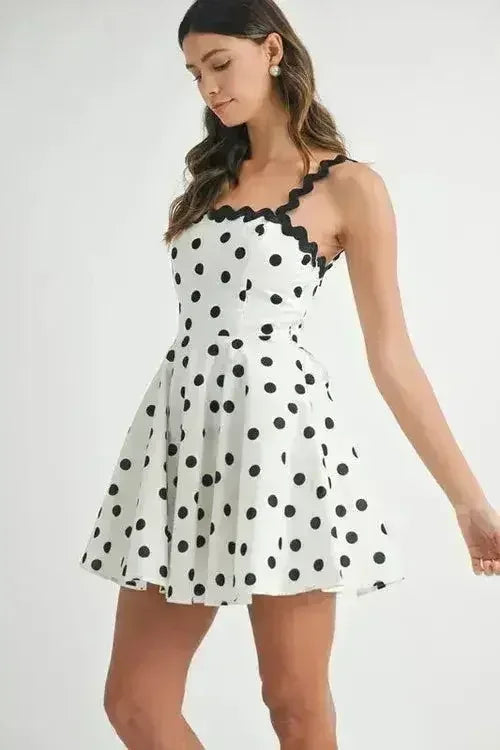 Polka Dot Mini Dress – Ricrac Trim Strap & Smocked Back - Femstylo