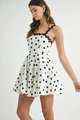 Polka Dot Mini Dress – Ricrac Trim Strap & Smocked Back - Femstylo