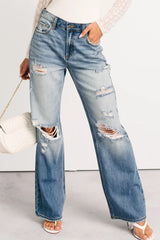 Myosotis Mid Rise Distressed Straight Leg Jeans