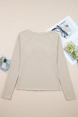 Beige Lace Neckline Button Decor Lettuce Edge Long Sleeve Ribbed Top