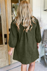 Moss Green Split Neck Scallop Detail Pleated Corduroy Mini Dress