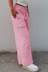 Black Mineral Wash Exposed Seam Wide Leg Cargo Pants