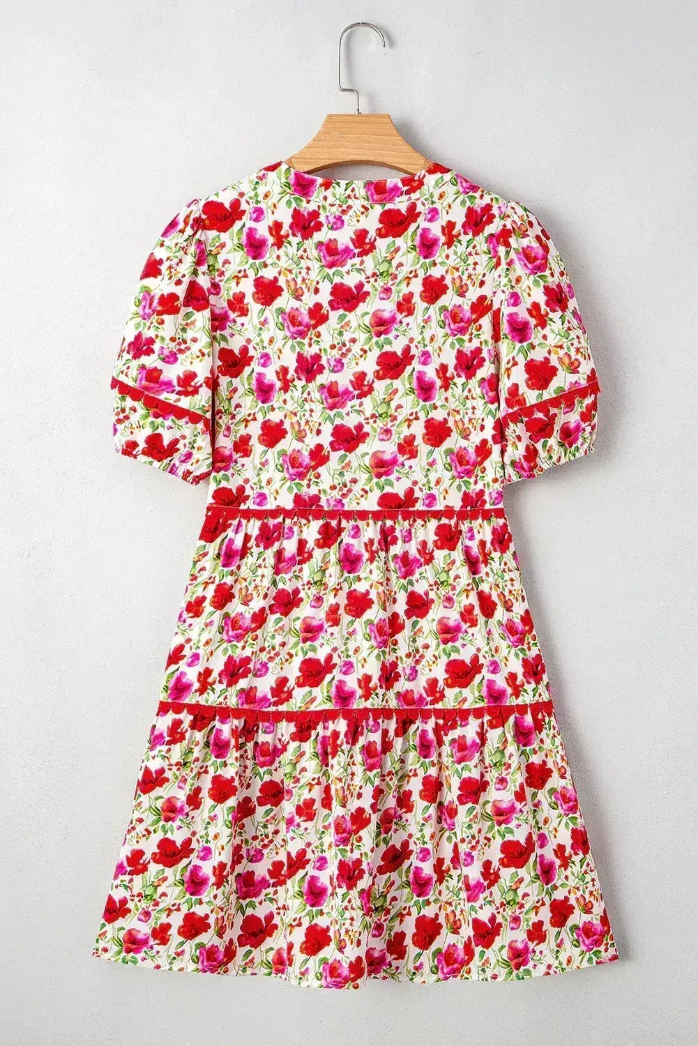 Red Floral Puff Sleeve Tiered Ric Rac Pocketed Mini Dress - Femstylo