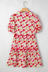 Red Floral Puff Sleeve Tiered Ric Rac Pocketed Mini Dress - Femstylo