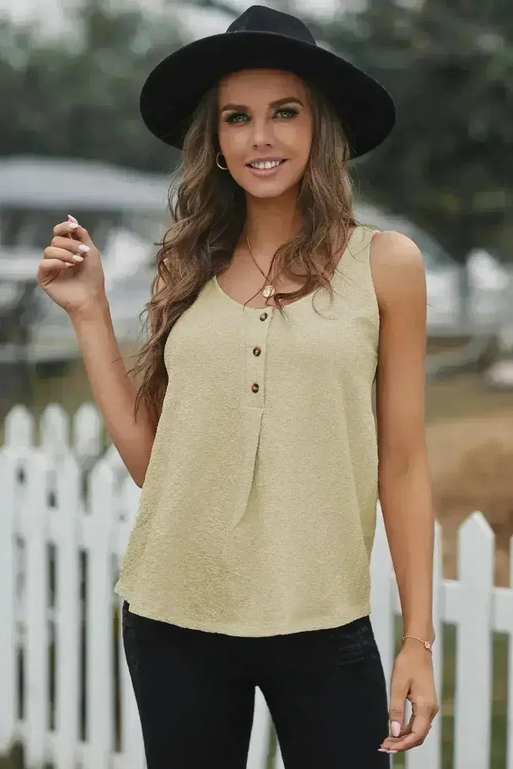 Button Textured Cotton Tank Top - Femstylo