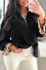Black Leopard Contrast V Neck Long Sleeve Blouse