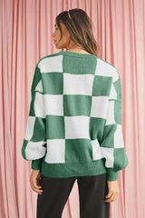 Green Checkered Bishop Sleeve Pullover Sweater - Femstylo