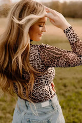 Brown Allover Leopard Print Smocked Neck Mesh Bodysuit - Femstylo