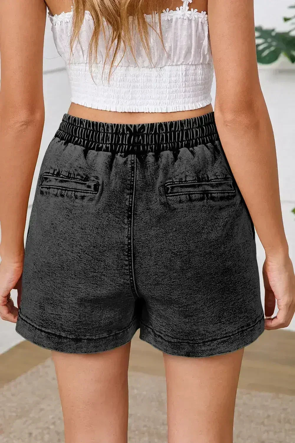 Dusk Blue Drawstring High Waist Pocketed Denim Shorts - Femstylo