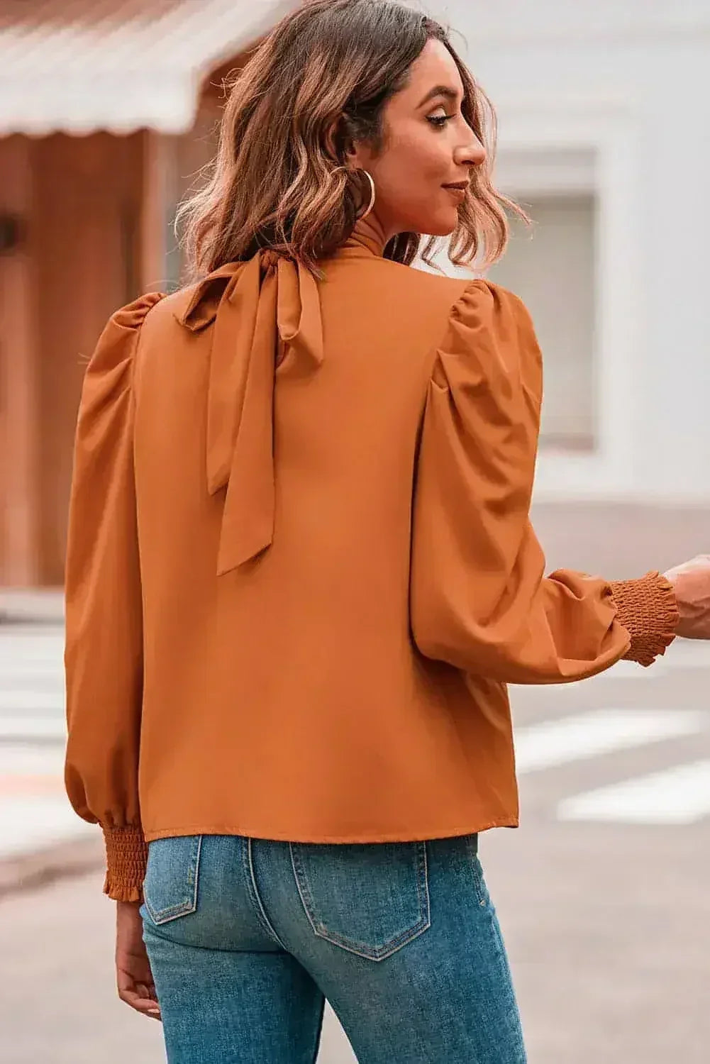 Orange Chiffon Blouse - Bubble Sleeves & Mock Neck | Femstylo - Femstylo