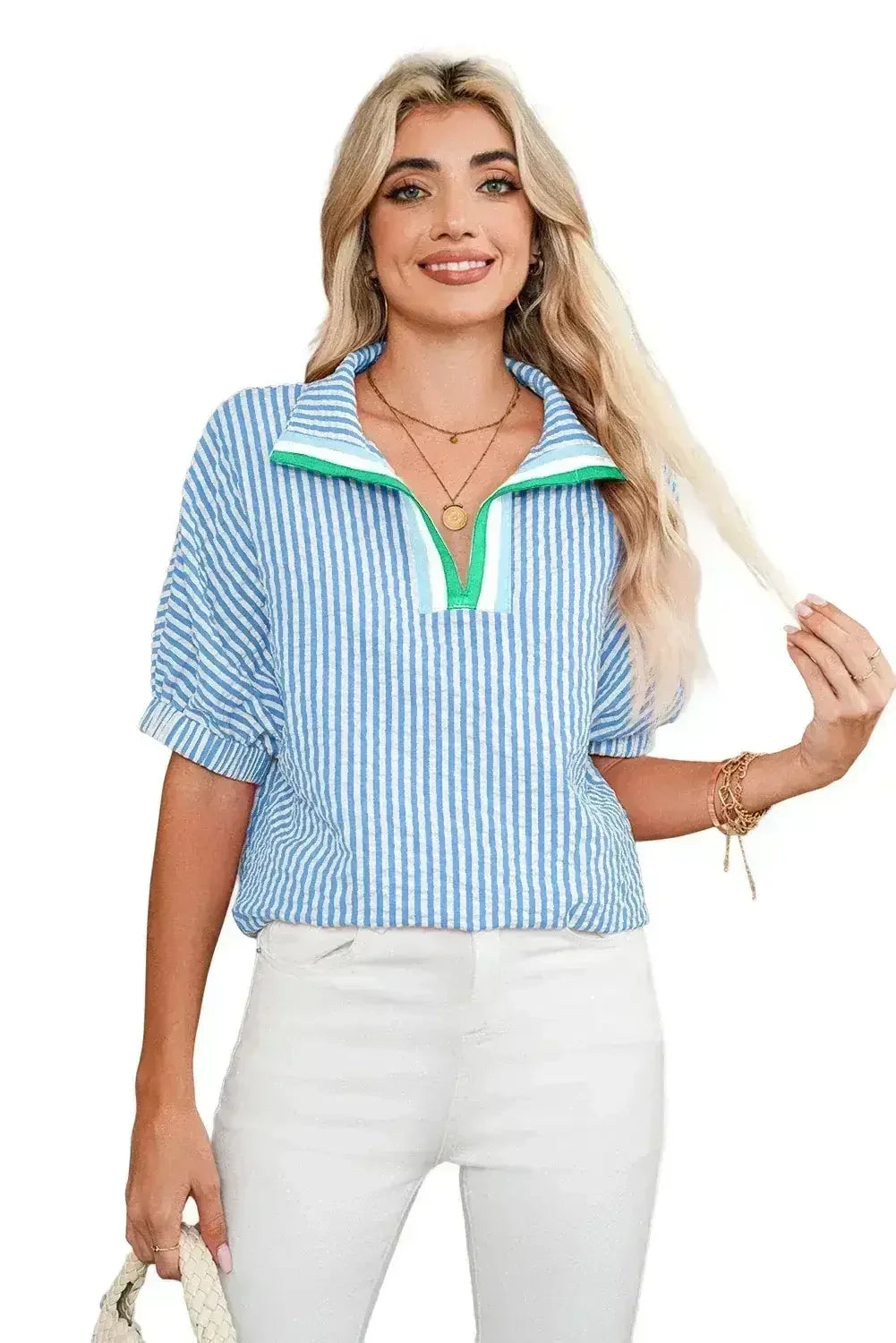 Sachet Pink Striped Dolman Sleeve Color Neckline Blouse | Femstylo - Femstylo