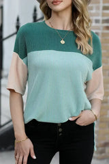 Black Color Block Ribbed Side Slits Half Sleeve Top - Femstylo