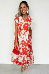 Red Floral Print Trimmed V Neck Ruffle Sleeve Maxi Dress - Femstylo
